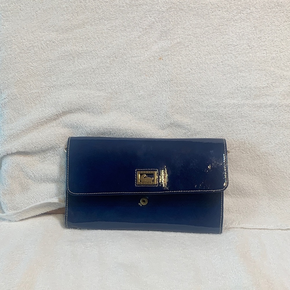 Dooney & Bourke Navy Patent Envelope Clutch with Gold Hardware